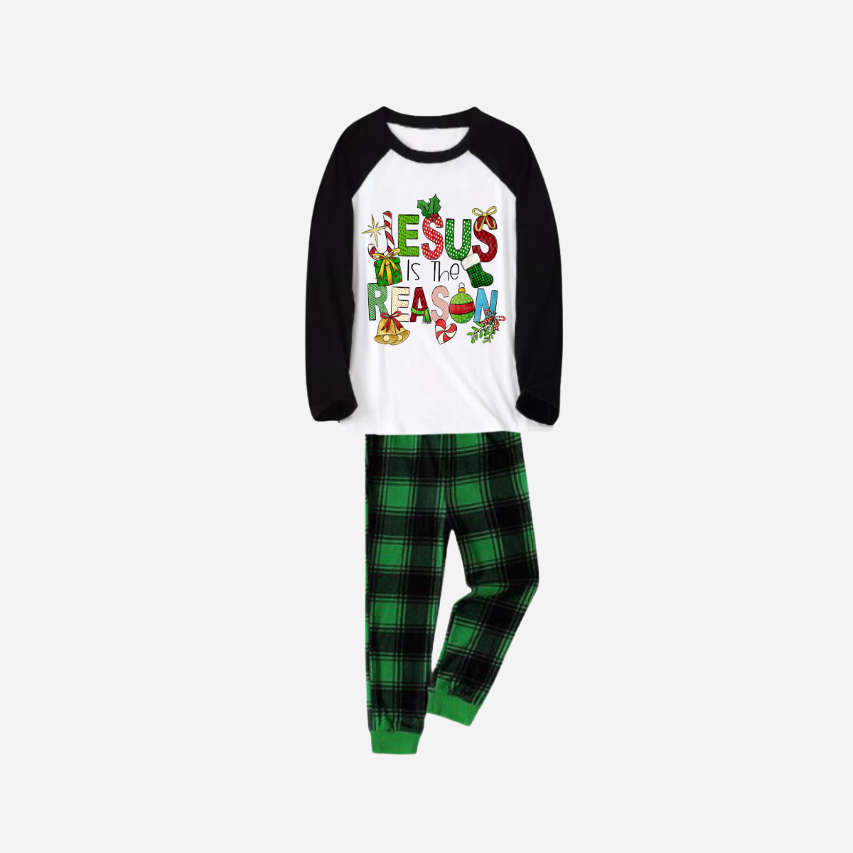 WW | Christmas Cartoon Family Christmas Pajama Set - Black and White Top with Green Plaid Pants and "Jesus is the Reason" Design