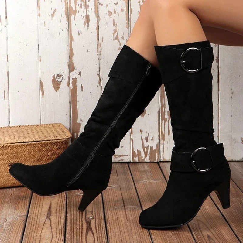 WW | Women's Knee-High Boots with Zipper and Buckle - Stylish Tall Boots