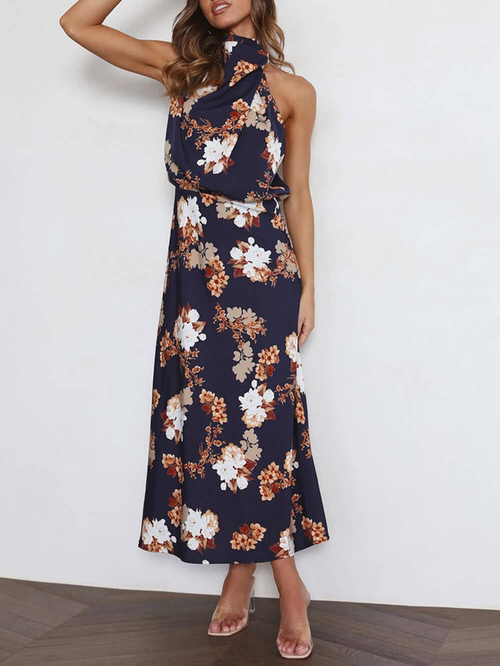 Maxi dress with halterneck, floral pattern, and elasticated waist