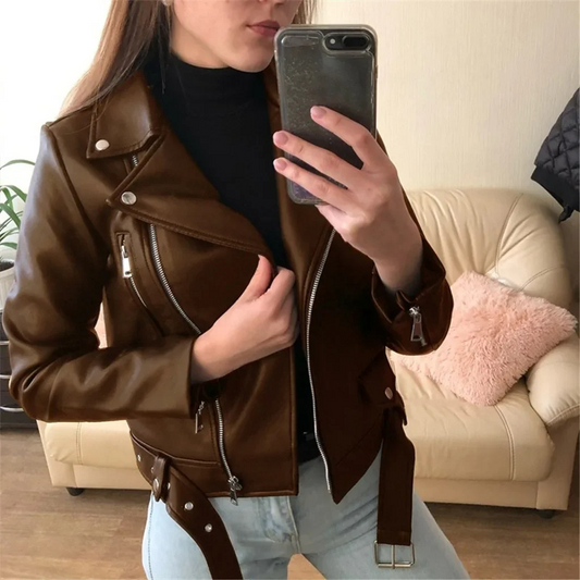 WW | Lederjacke Damen Bikerjacke Mit Reißverschlüssen Und Taillengürtel