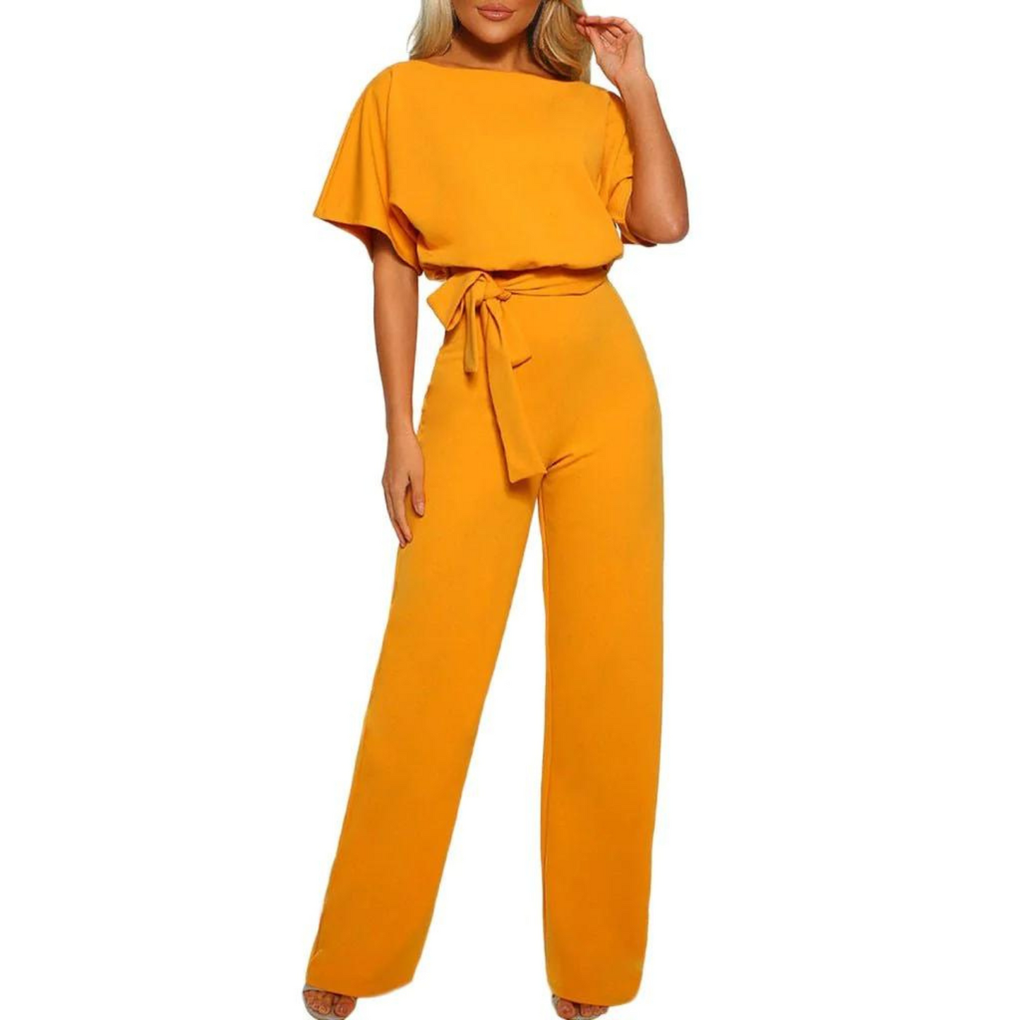 WW | Women's Jumpsuit, Short Sleeve Combination, Club Outfit, Wide and Comfortable Legs, with Belt