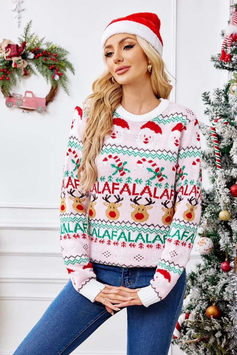 WW | Locker Sitzende Rundhals Weihnachts Cartoon Strickpullover - Pink