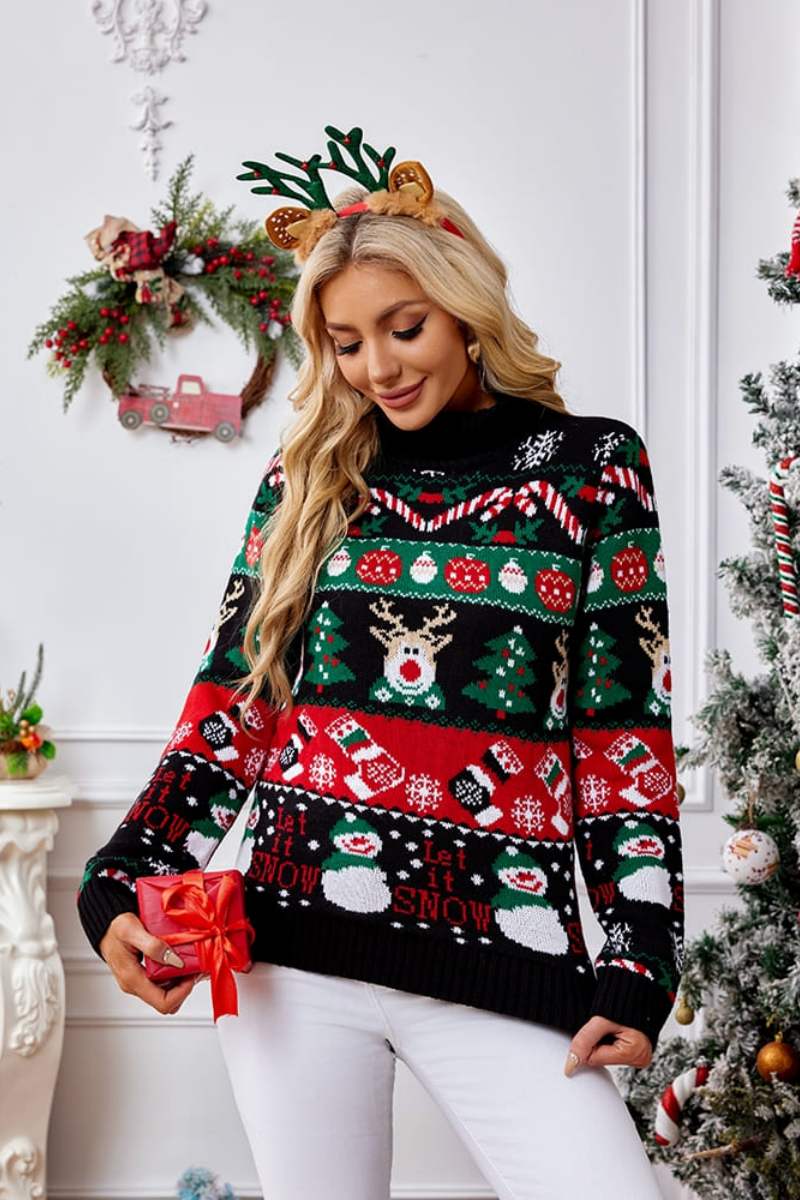 WW | Hoher Hals Weihnachten Schneemann Stickerei Pullover