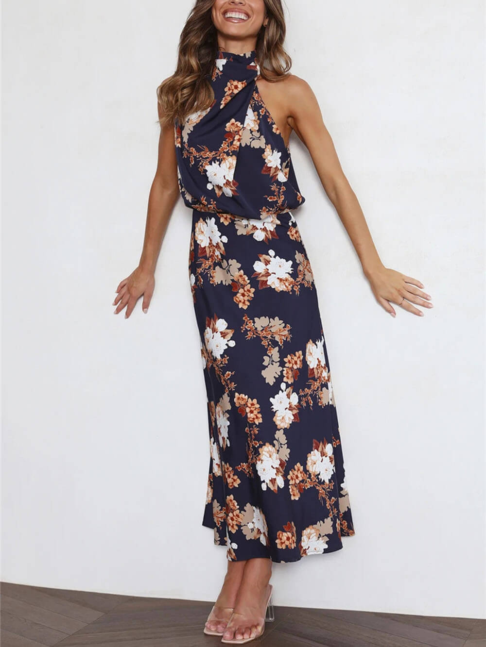 Maxi dress with halterneck, floral pattern, and elasticated waist
