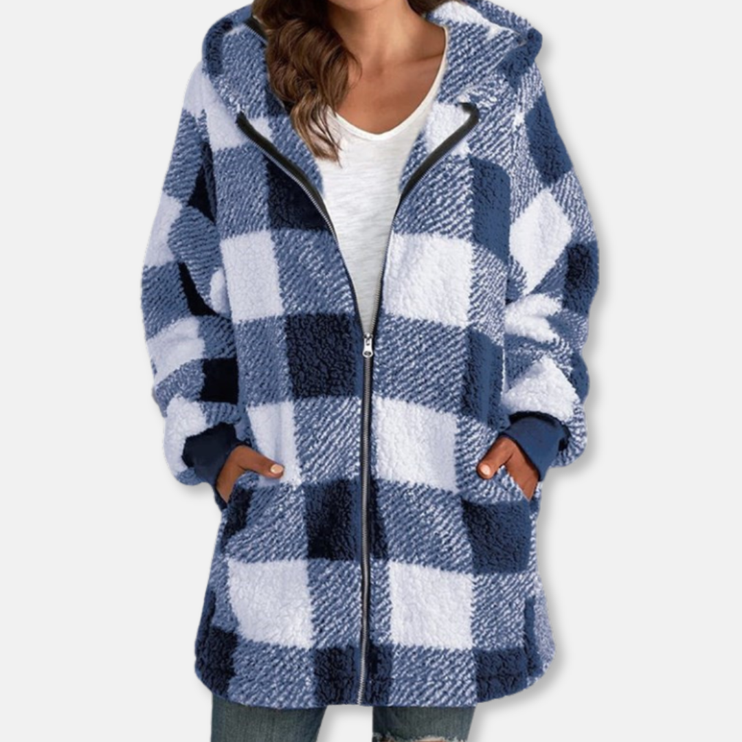 WW | Women's Hooded Jacket – Oversized Fit – Soft Knit – Plaid Pattern – Full Zip – Casual Layer