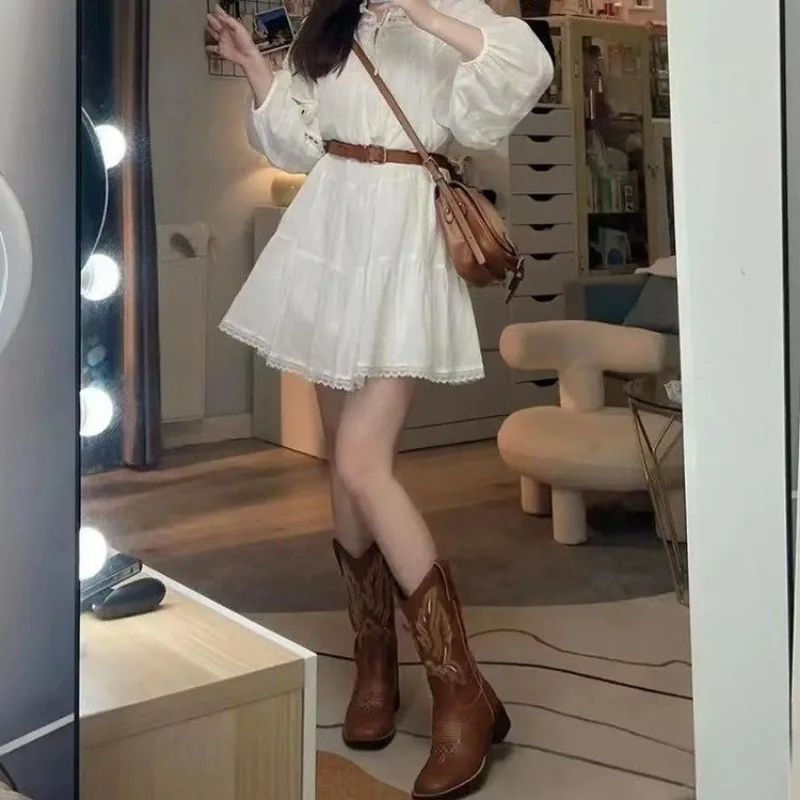 WW | Western Stil Stiefel Damen mit Spitzem Kopf und Blockabsatz, Cowboy Stiefel Damen