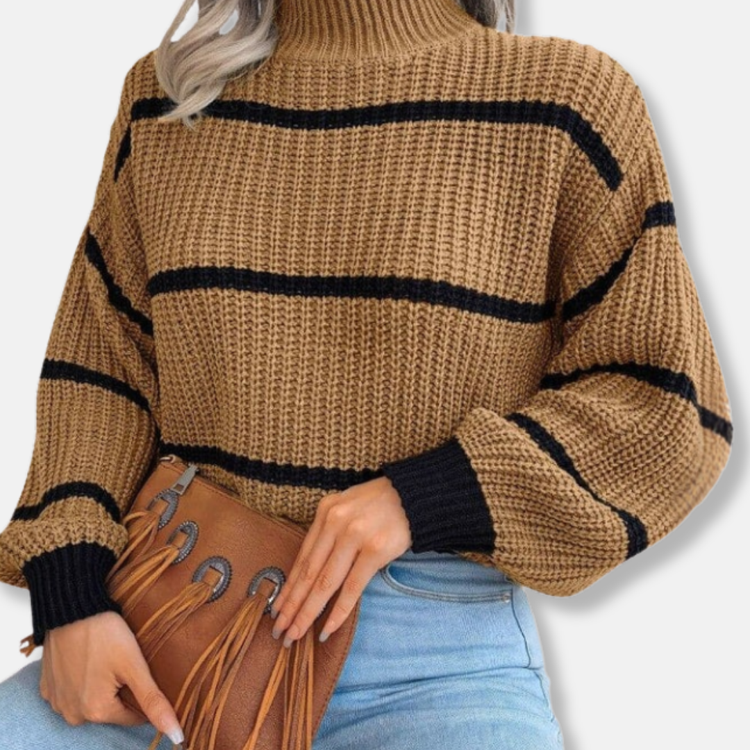 WW | Strickpullover - Weicher gerippter Rollkragen - Lockere Passform - Klassische Streifen