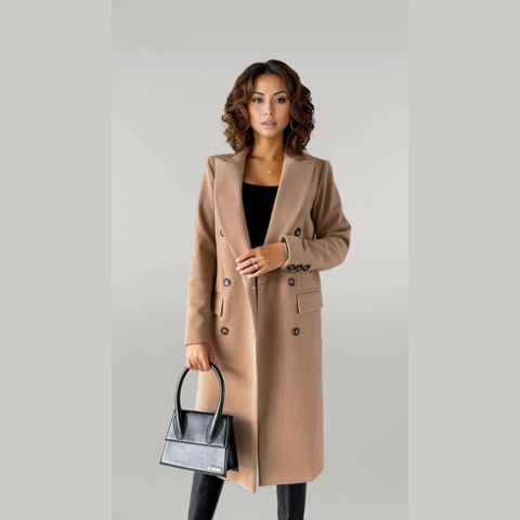 WW | Women's Long Wool Blend Coat - Double-Breasted - Tailored - With Lapel Collar