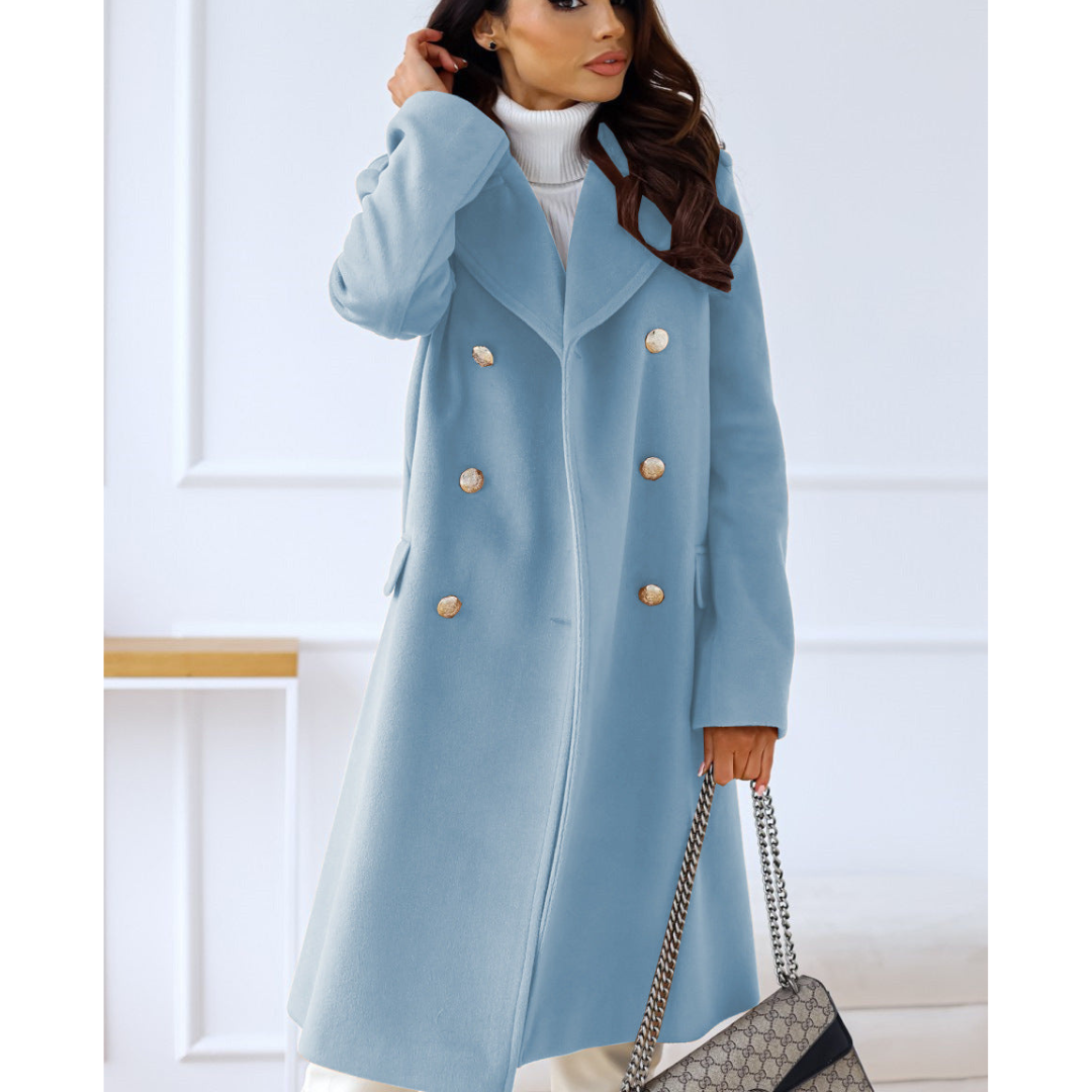 WW | Breasted Long Wool Coat - Tailored Fit with Golden Button Details - Elegant Winter Outerwear