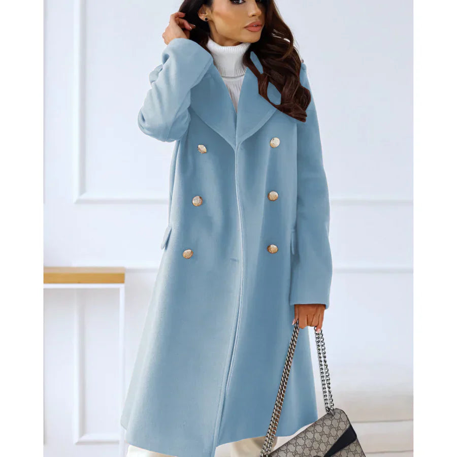 WW | Long Fitted Wool Blend Double Melange Coat with Wide Lapels