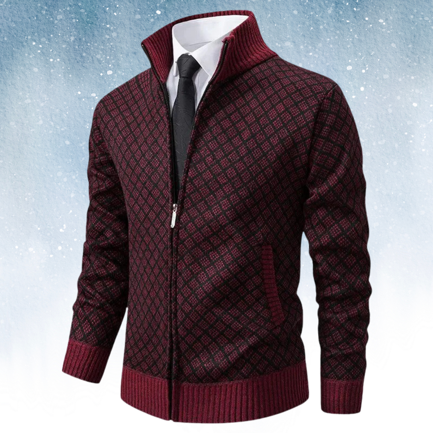 WW | Strickjacke Reißverschluss Hoher Kragen Modernes Karomuster Bequeme Passform