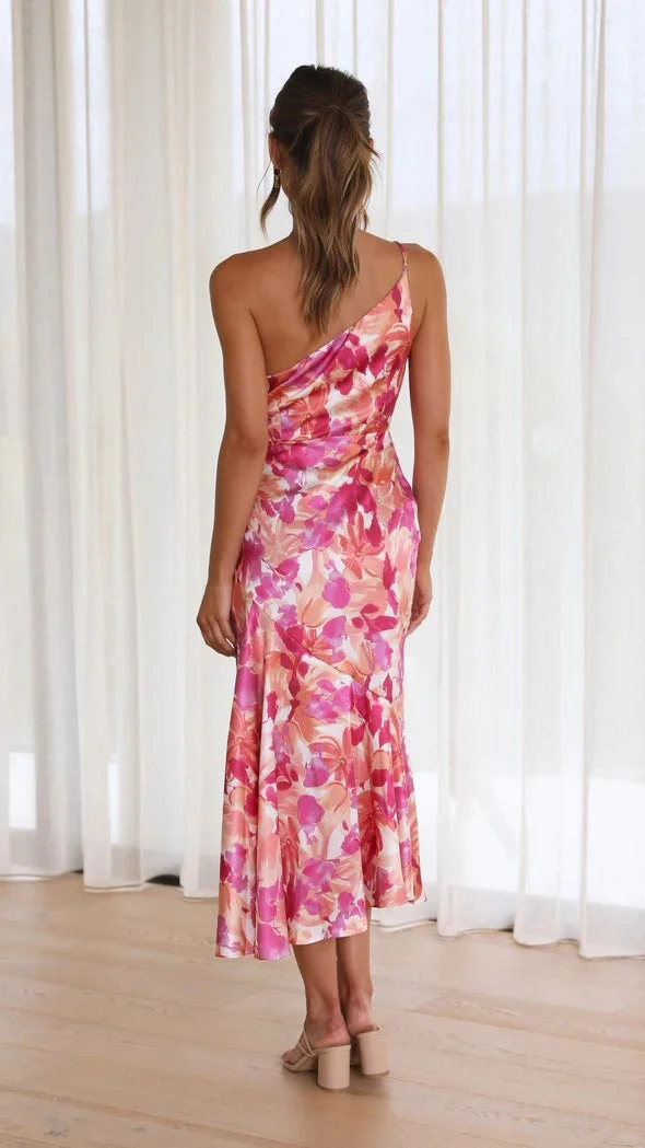 Floral Satin Ruched One-Shoulder Dress