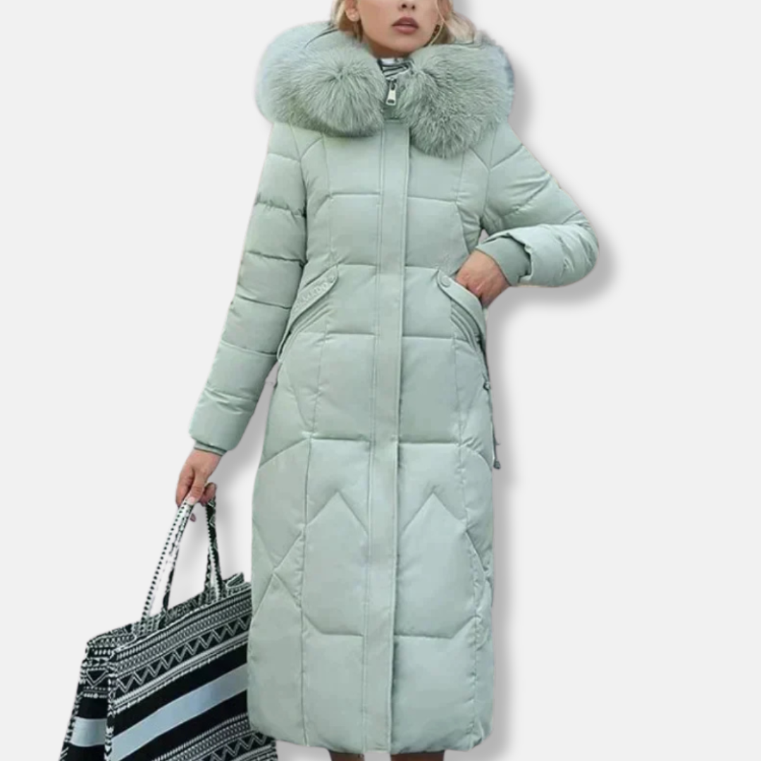WW | Long Quilted Coat Slim Fit Detachable Fur Collar Full Length