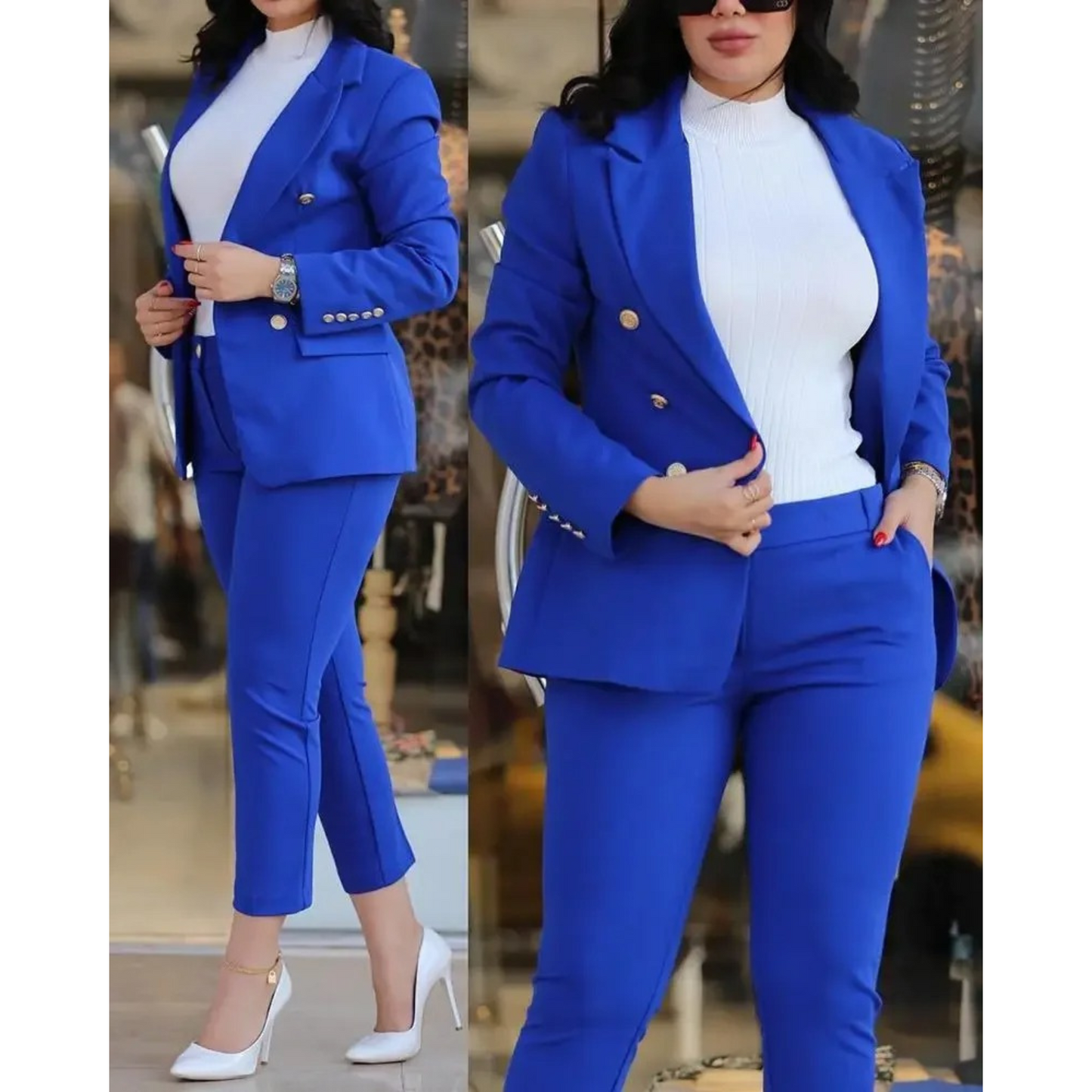 WW | Doppelknopf Blazer & Hosen Satz Mit Taschen Für Frauen