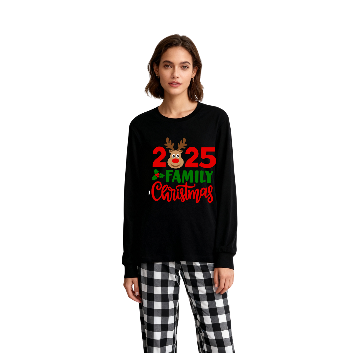 WW | "2025 Family Christmas" Elk Letter Print Black Long-Sleeve Top & Black-and-White Plaid Pants Family Matching Pajamas