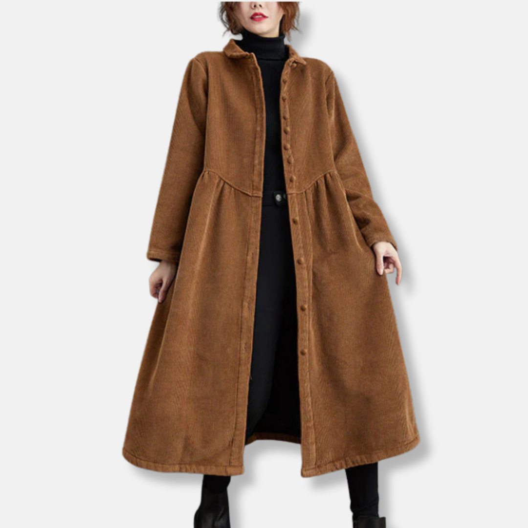 WW | Lange Jacke Cord A-Linie Lockere Passform Hoher Kragen Midi Knopfverschluss