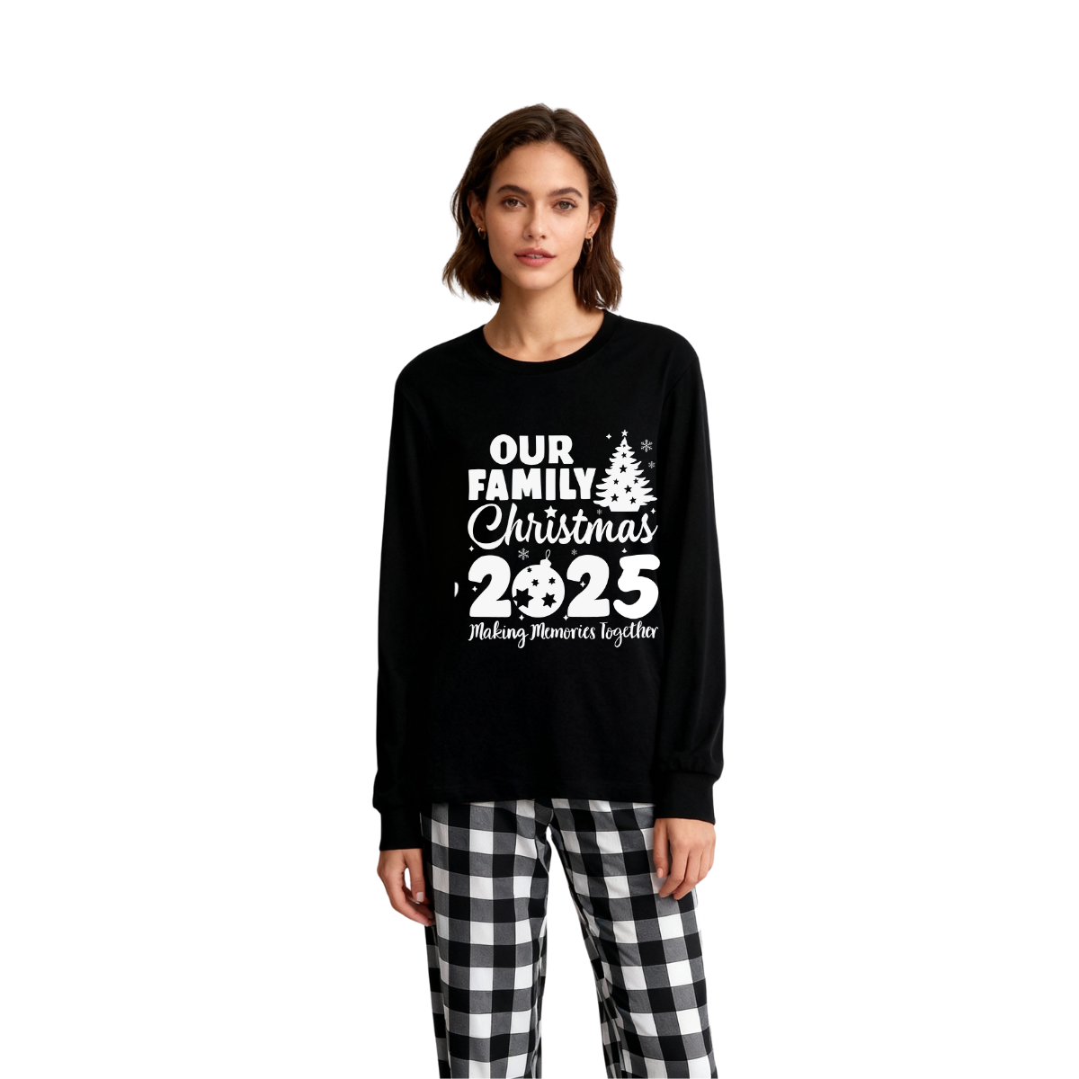 WW | Our Family Christmas 2025 'Shared Memories' Letter Print Black Long Sleeve Top with Black and White Checkered Pants Family Matching Pajamas