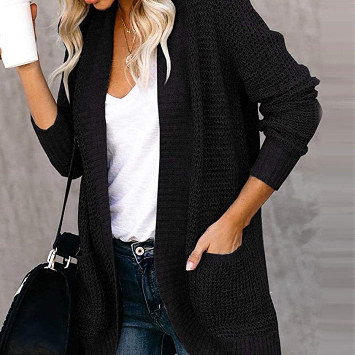 WW | Strickjacke Weiches Strickmaterial Lockere Passform Offene Vorderseite Taschen Lange Ärmel
