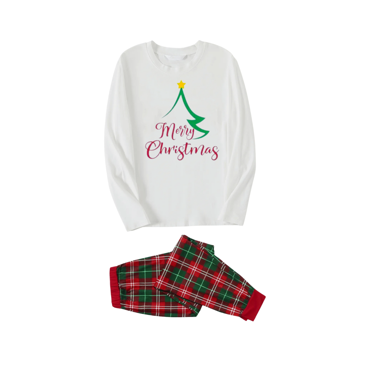 WW | Christmas Tree from Shape with Stars and "Merry Christmas" Artistic Text White Long-Sleeve T-Shirt with Red and Green Plaid Pants Family Matching Pajamas
