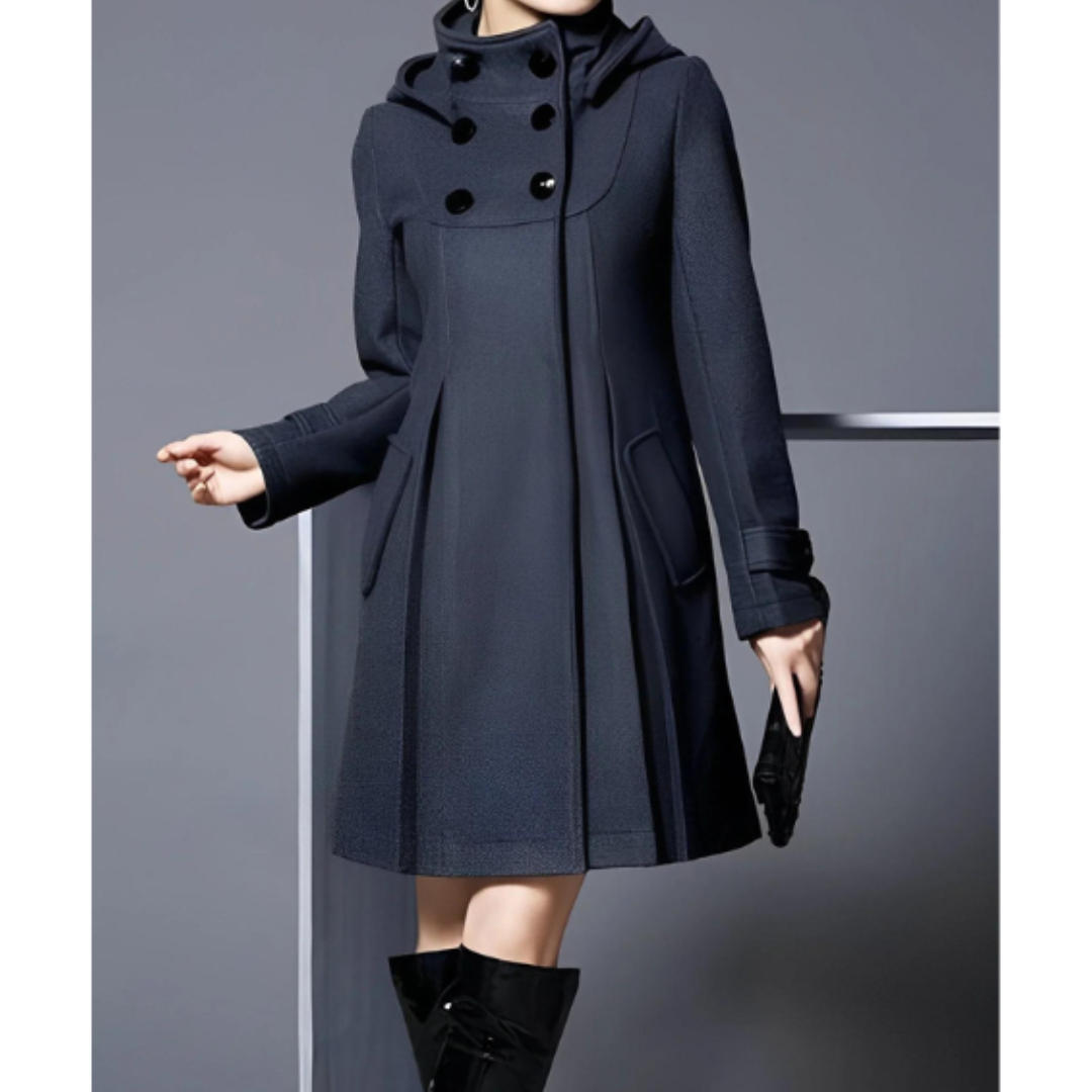 WW | Wollmischung Kapuzenmantel - Doppelreiher A-Linie Jacke - Elegante Mittel-Längen Außenbekleidung