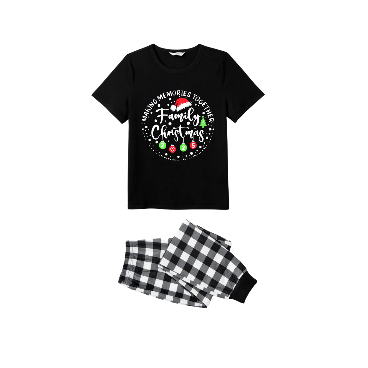 WW | Shared Memories Family Christmas 2025 Pajama Set - Black Top Black & White Plaid Pants White Text Graphic