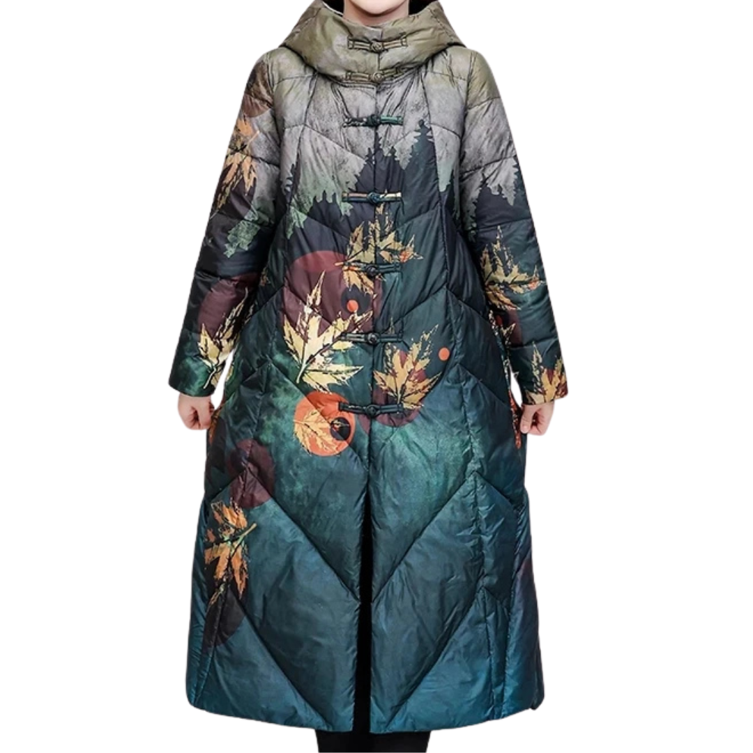 WW | Damen Lange Winter Puffermantel Blattdruck