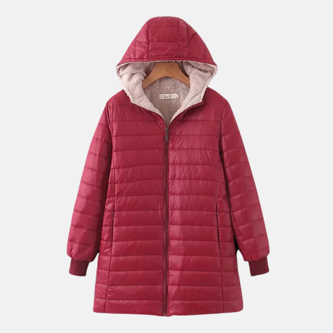 WW | Women's Quilted Coat – Mid-Length, Relaxed Fit – Fleece Hood – Water-Repellent – Front Zipper