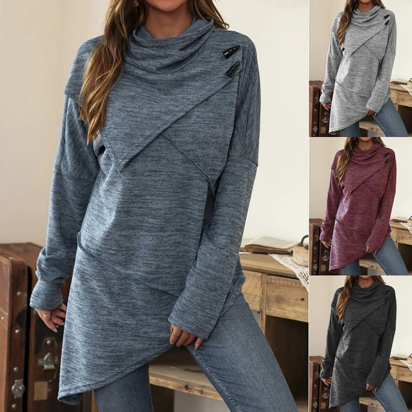 WW | Damen Hoodie - Langer Pullover mit Wickelkragen & Knopfdetails