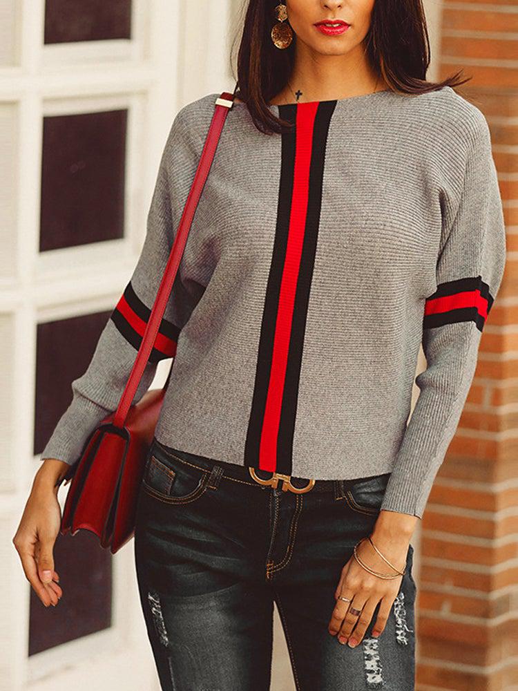 WW | Grauer Dolman Pullover mit Roten Streifen