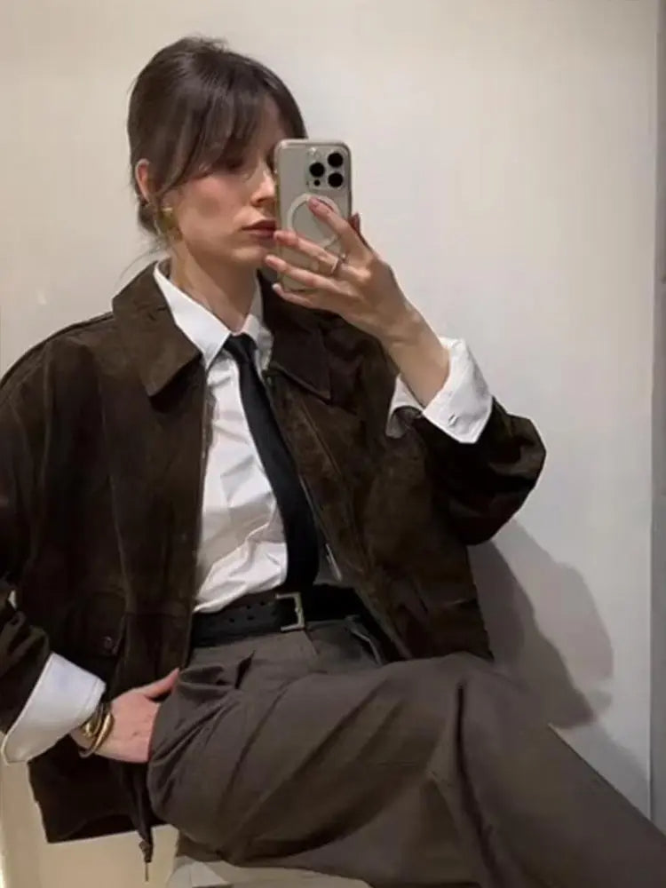 WW | Suede-look jacket with zip and lapel collar