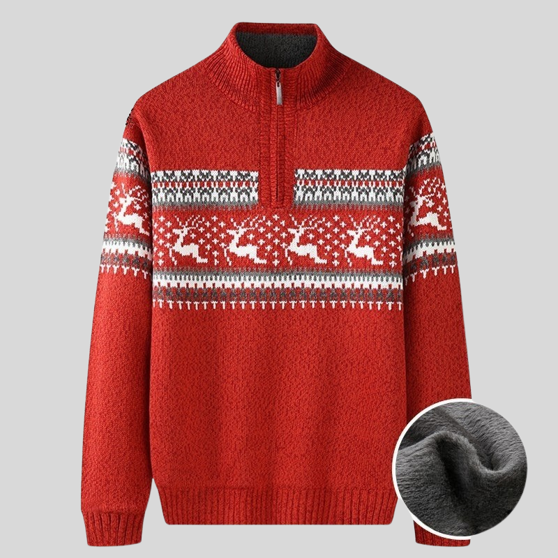 WW | Nordic Knitted Sweater Half-Zip with High Collar Warm Plush Lining