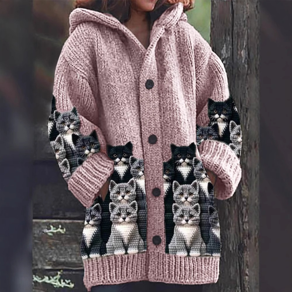 WW | Cozy Knitted Cat Print Cardigan