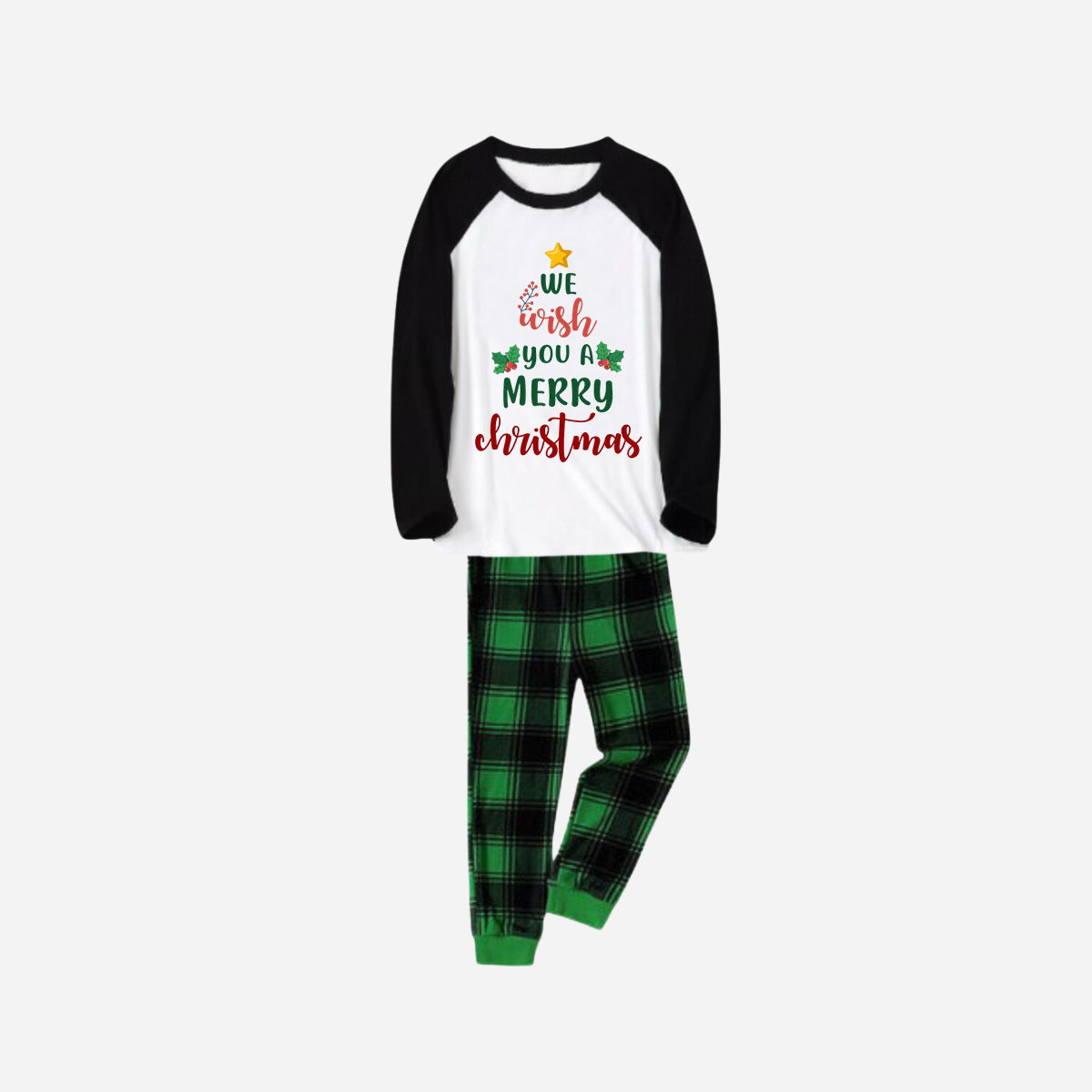 WW | Black Raglan Top Green Plaid "We Wish You a Merry Christmas" Text Print Christmas Pajama Set