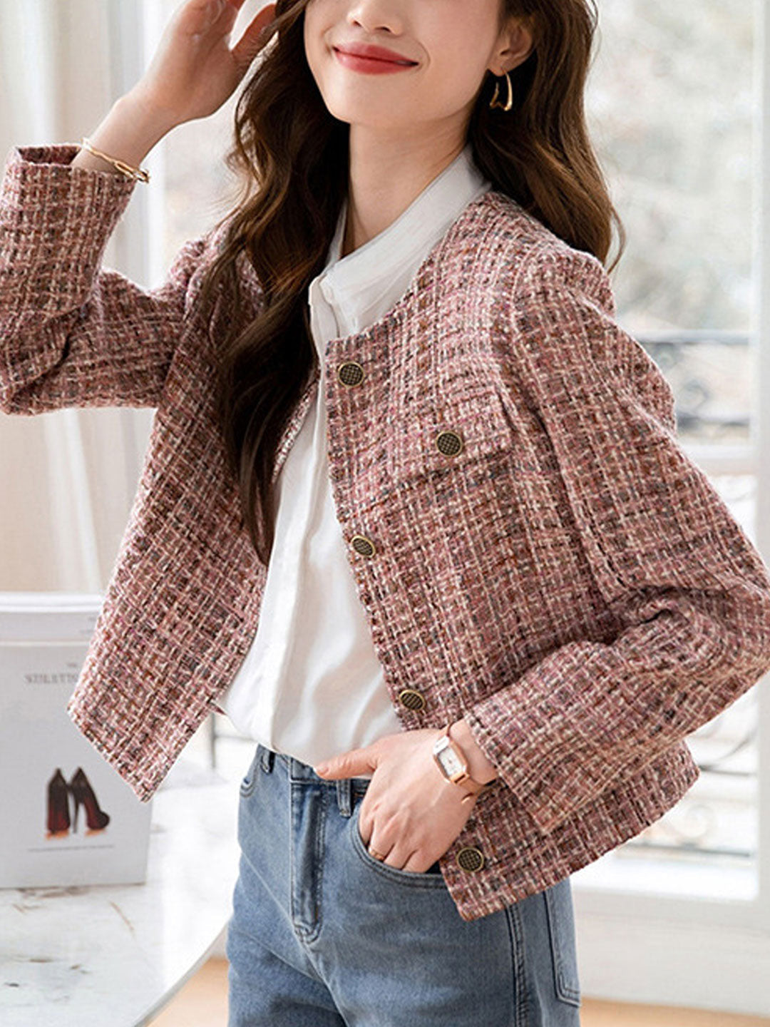 WW | Elegante Rundhals-Pink-Tweed-Jacke