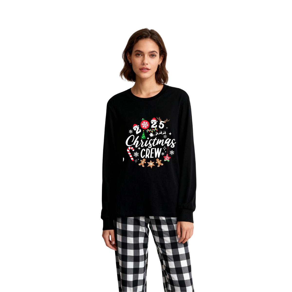 WW | 2025 Weihnachts Crew Gemeinsam Erinnerungen Schaffen Textdruck Schwarzes Langarmshirt mit Schwarz-weissem Karohosen Familienpassende Pyjamas