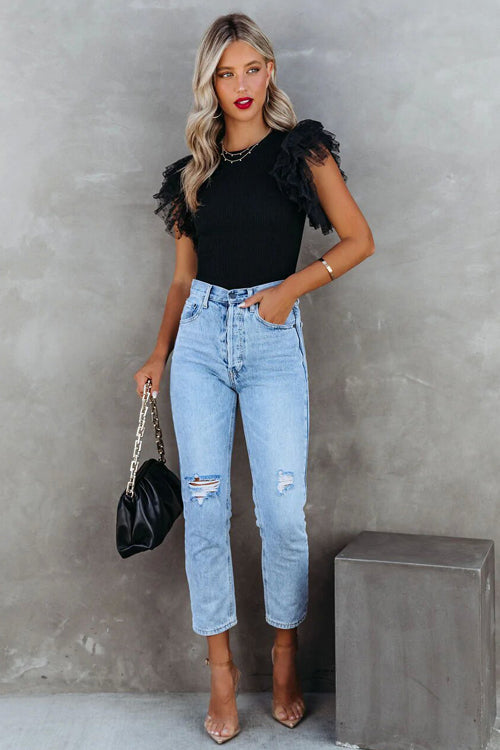 WW | Your Time Swiss Dot Tulle Sleeve Knit Top
