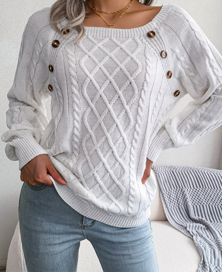 WW | Pullover - Gestrickter eleganter Damen-Pullover mit Knöpfen und Rippenmotiv