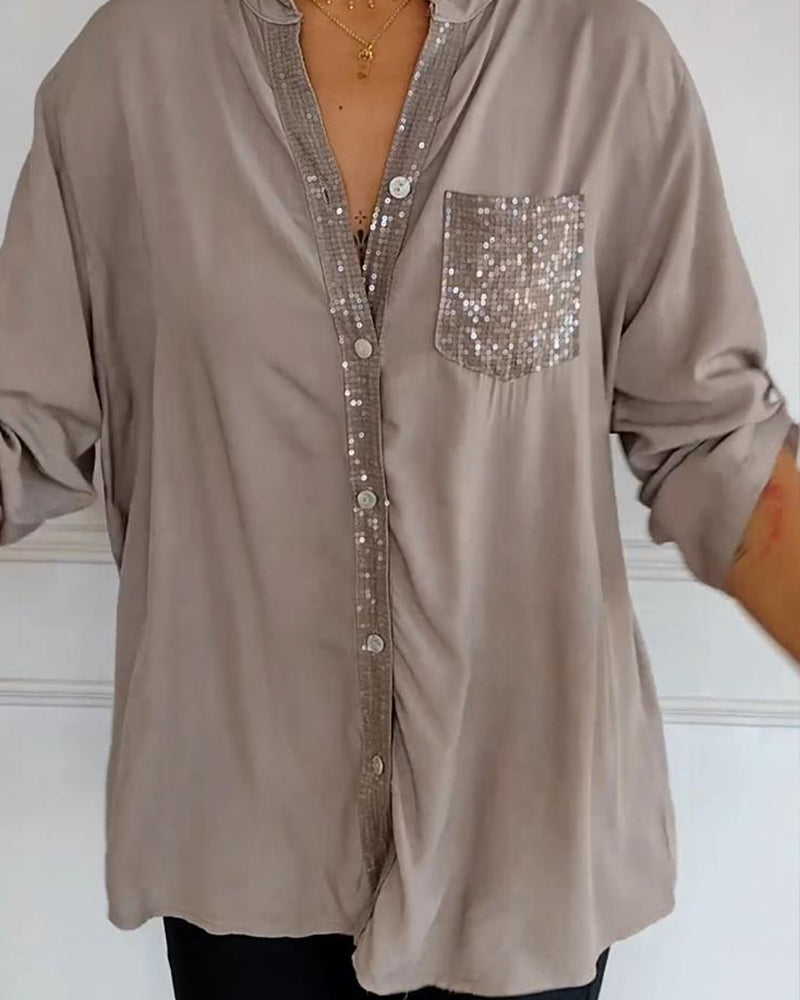 WW - Chic Blouse with Button Placket and Sequin Trim for Women | Elegant Long-Sleeved Blouse with Sequin Pocket