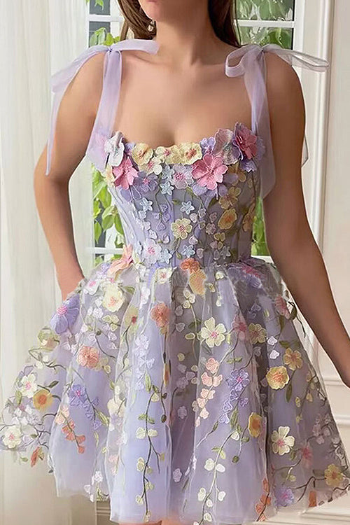 WW | Proof Of Perfection 3D Blume Bestickt Bindeband Mini Kleid