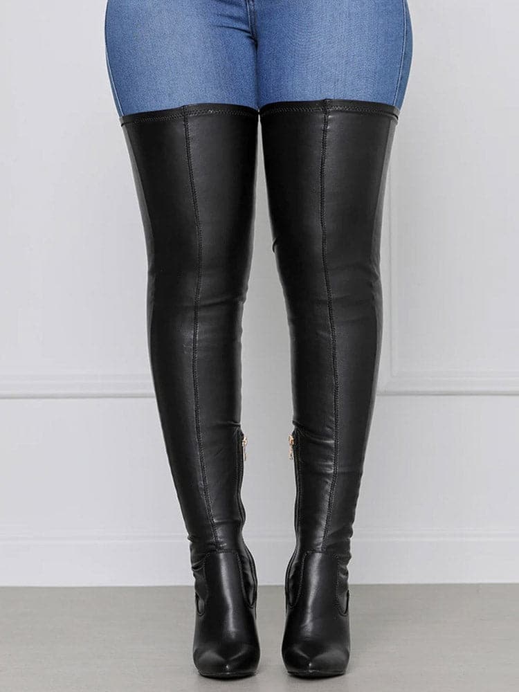 WW | Overknee Stiefel Leder Niedriger Blockabsatz Texturierte Sohle Reißverschlussverschluss