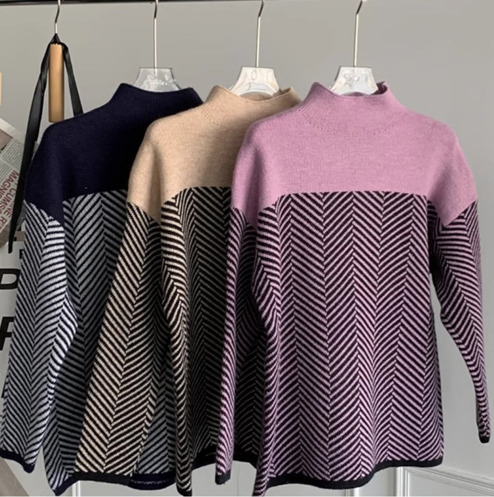WW | Retro Color Block Half-Turtleneck Pullover