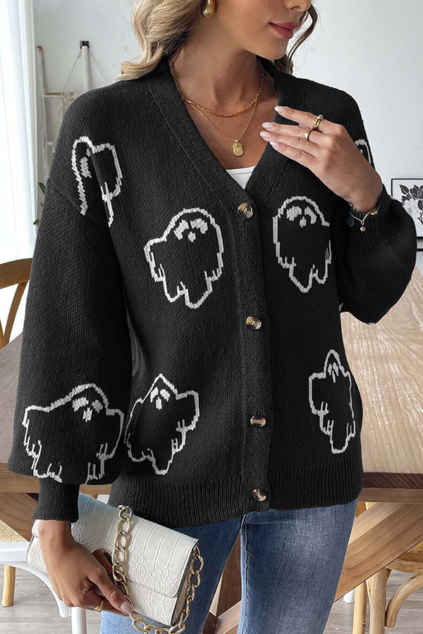 WW | Cozy Halloween ghost knit sweater with button placket
