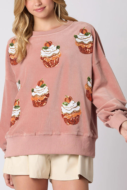 WW | Weihnachts-Pumpkin-Kuchen Pailletten Rundhals lockeres Sweatshirt
