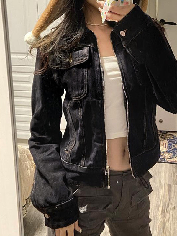 WW | Schwarze Denim Reverskragen Zip-Up Kurze Jacke