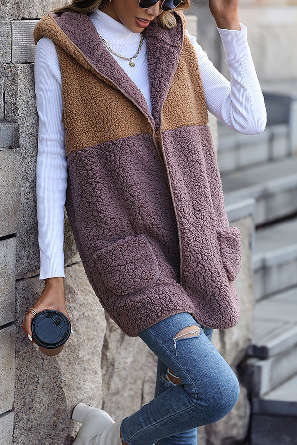 WW | Ärmelloser Colorblock-Taschenloser Mid-Length Cardigan Puff-Velours-Jacke