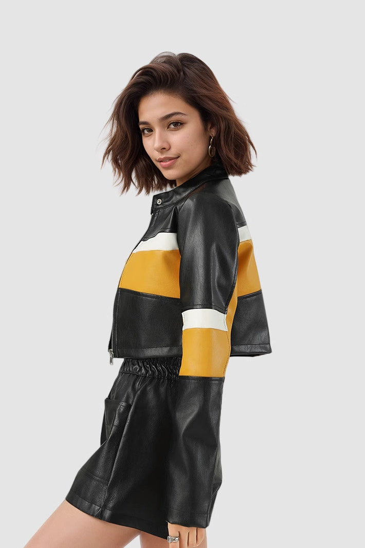 WW | Block PU Leather Biker Jacket