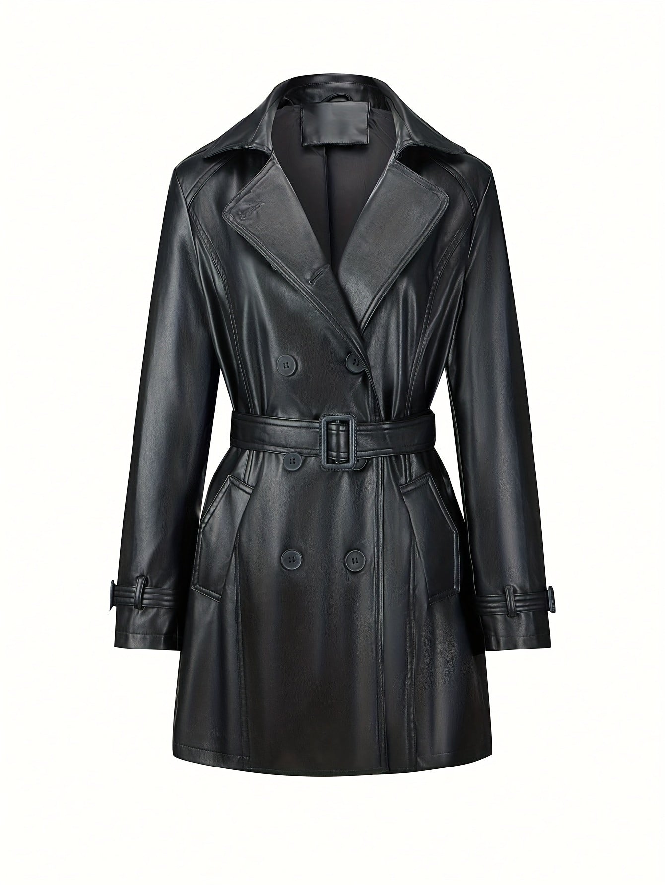 WW | Trenchcoat aus Kunstleder mit Gürtel und Vintage-Ärmeldesign für Damen - Ideal für Alltagsmode