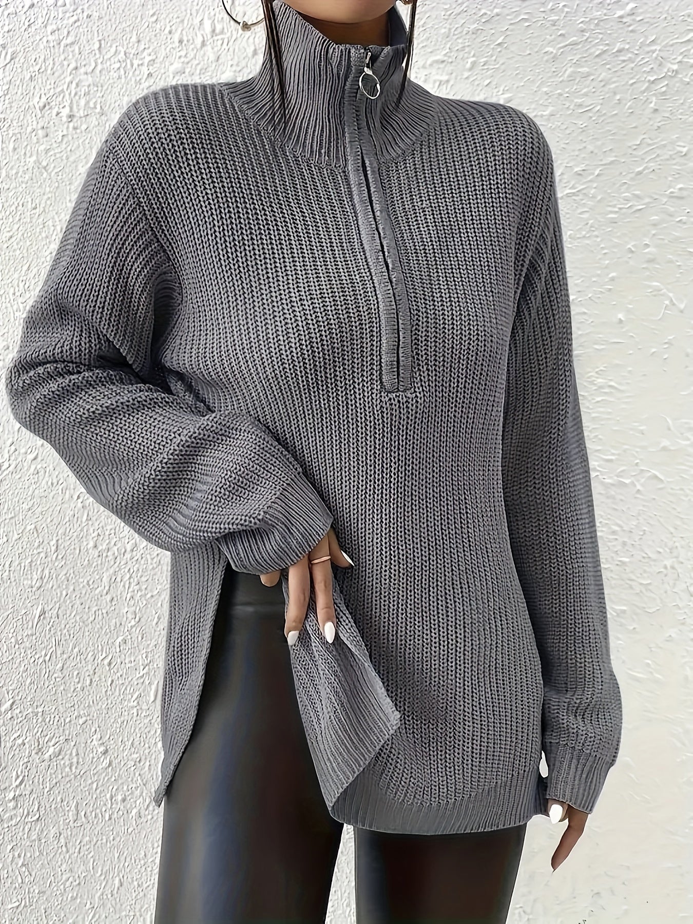 WW | Women's Knitted Pullover with Zipper – Oversized Sweater with Stand-Up Collar