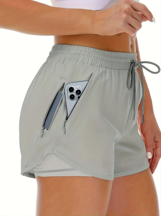 WW | Sportliche 2 in 1 Lauf Fitnessshorts in Einfarbig Mit Mehreren Taschen