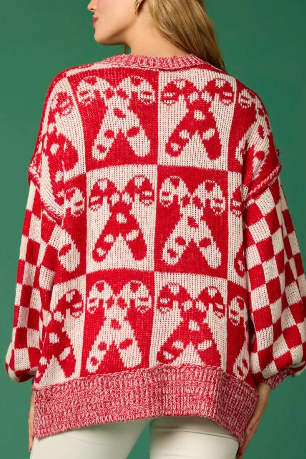 WW | Weihnachtsbonbon Karo Rundhals Langarm Lockere Strickpullover